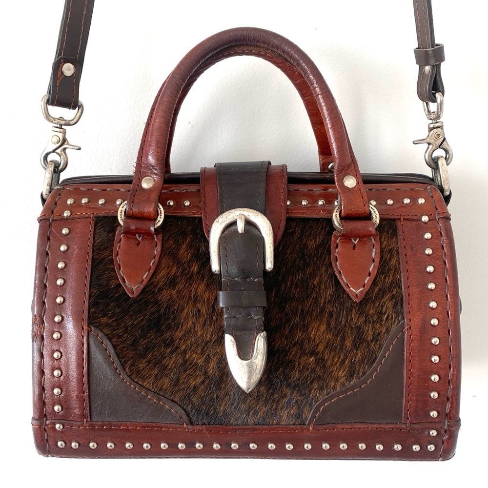 American West Brown Leather Cowhide Satchel Crossbody 2-Ways Bag Western Boho